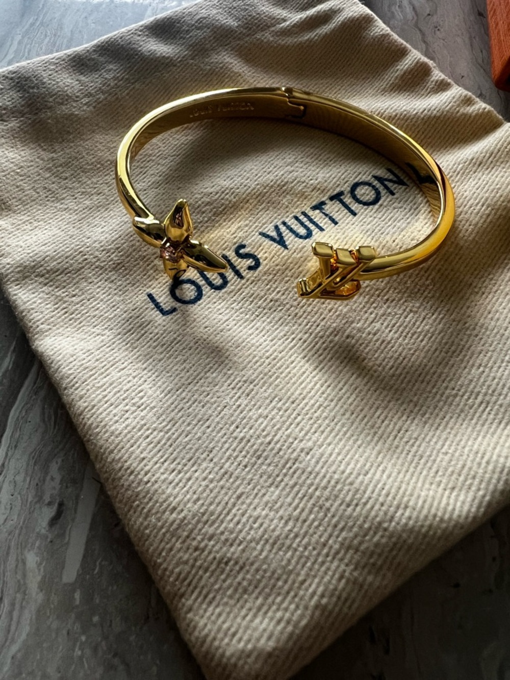 Louis Vuitton Gold Logo Open Cuff Bracelet